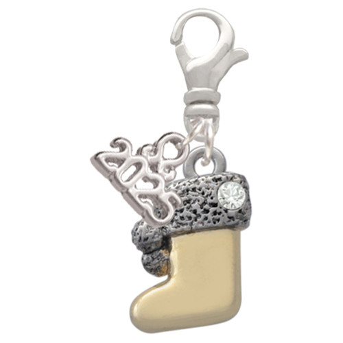 Two-tone 3-D Stocking with Clear Crystal - Silver Plated Clip on Charm with Mini Year 2025: Year to Remember Jewelry Gift - Celebrations