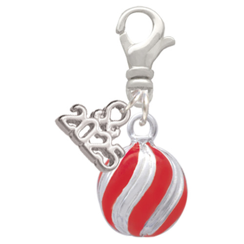 Silver Plated 3-D Red Striped Christmas Ornament - Silver Plated Clip on Charm with Mini Year 2025: Year to Remember Jewelry Gift - Celebrations