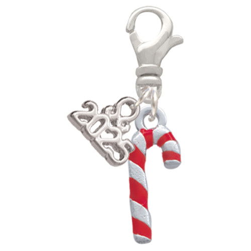 Silver Plated 3-D Red Enamel Candy Cane - Silver Plated Clip on Charm with Mini Year 2025: Year to Remember Jewelry Gift - Celebrations