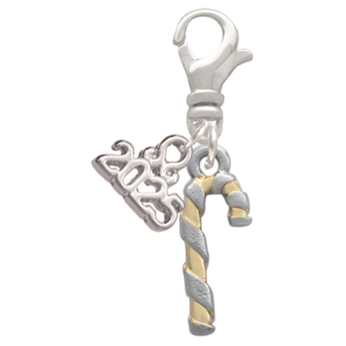 Two-tone 3-D Candy Cane - Silver Plated Clip on Charm with Mini Year 2025: Year to Remember Jewelry Gift - Celebrations