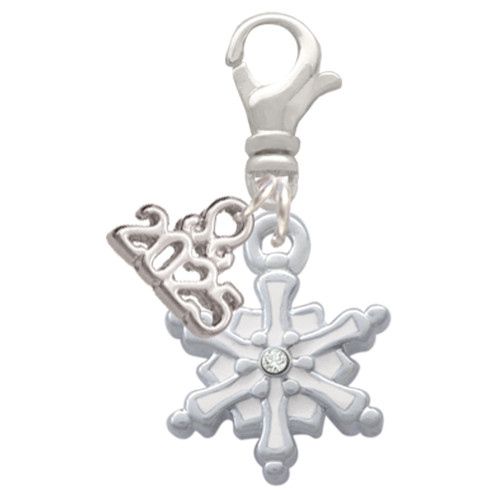 White Snowflake with Clear Crystal - Silver Plated Clip on Charm with Mini Year 2025: Year to Remember Jewelry Gift - Celebrations