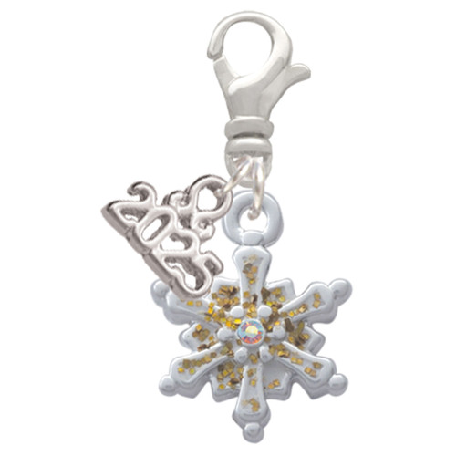 White Snowflake with Glitter and Clear AB Crystal - Silver Plated Clip on Charm with Mini Year 2025: Year to Remember Jewelry Gift - Celebrations