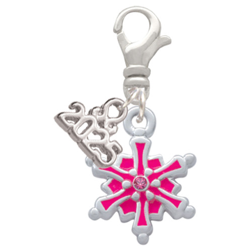 Hot Pink Snowflake with Hot Pink Crystal - Silver Plated Clip on Charm with Mini Year 2025: Year to Remember Jewelry Gift - Celebrations