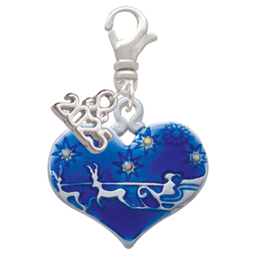 Silver Plated Large Blue Flying Santa Heart with AB Crystals - Silver Plated Clip on Charm with Mini Year 2025: Year to Remember Jewelry Gift - Celebrations