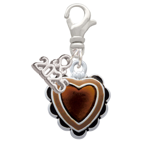 Silver Plated Brown Ruffle Heart - Silver Plated Clip on Charm with Mini Year 2025: Year to Remember Jewelry Gift - Celebrations