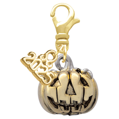 Gold-tone 3-D Large Jack O' Lantern with Leaves - Gold-tone Plated Clip on Charm with Mini Year 2025: Year to Remember Jewelry Gift - Celebrations
