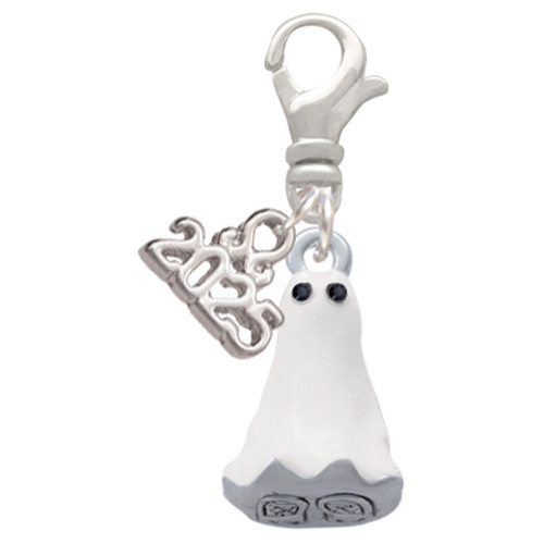 Silver Plated 3-D White Ghost with Black Crystals - Silver Plated Clip on Charm with Mini Year 2025: Year to Remember Jewelry Gift - Celebrations