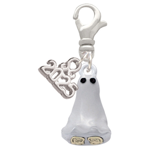 Two-tone 3-D Ghost with Black Crystals - Silver Plated Clip on Charm with Mini Year 2025: Year to Remember Jewelry Gift - Celebrations
