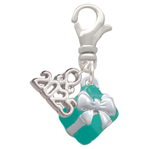 Silver Plated Small 3-D Teal Present with Bow - Silver Plated Clip on Charm with Mini Year 2025: Year to Remember Jewelry Gift - Celebrations