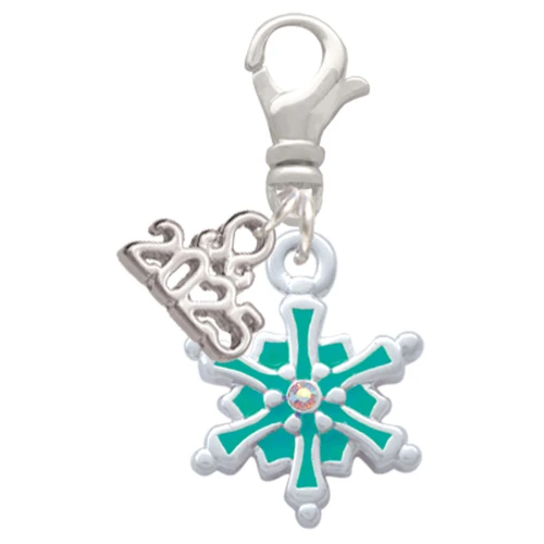 Silver Plated Teal Snowflake with Clear Crystal - Silver Plated Clip on Charm with Mini Year 2025: Year to Remember Jewelry Gift - Celebrations