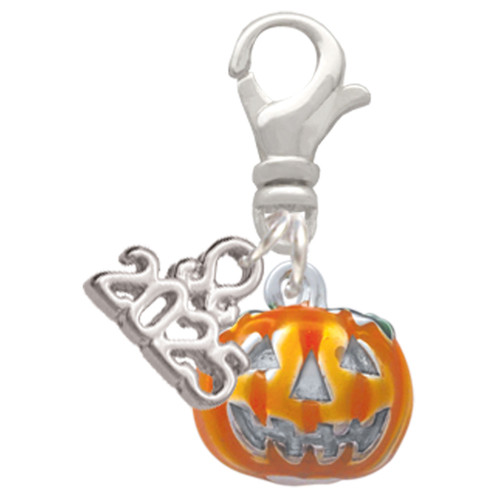Silver Plated Small Orange Jack O'Lantern with Stem - Silver Plated Clip on Charm with Mini Year 2025: Year to Remember Jewelry Gift - Celebrations