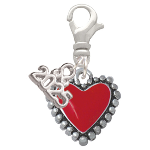 Silver Plated Red Heart with Beaded Border - Silver Plated Clip on Charm with Mini Year 2025: Year to Remember Jewelry Gift - Celebrations