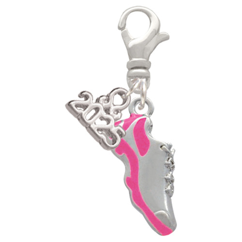 Silver Plated Hot Pink Running Shoe - Silver Plated Clip on Charm with Mini Year 2025: Year to Remember Jewelry Gift - Celebrations
