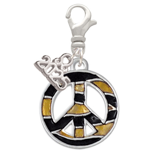 Silver Plated Large Brown Tiger Print Peace Sign - Silver Plated Clip on Charm with Mini Year 2025: Year to Remember Jewelry Gift - Celebrations