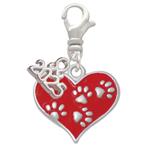 Silver Plated Red Enamel Heart with Paw Prints - Silver Plated Clip on Charm with Mini Year 2025: Year to Remember Jewelry Gift - Celebrations