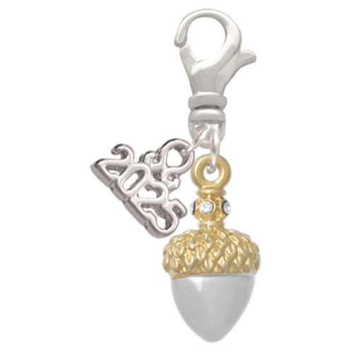 Two-tone Small Acorn with Crystals - Silver Plated Clip on Charm with Mini Year 2025: Year to Remember Jewelry Gift - Celebrations