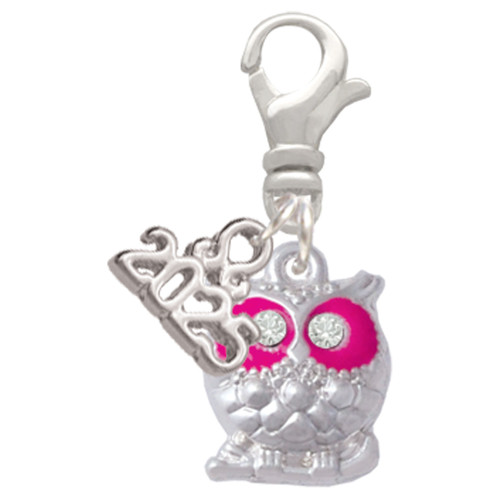 Silver Plated Owl with Hot Pink & Clear Crystal Eyes - Silver Plated Clip on Charm with Mini Year 2025: Year to Remember Jewelry Gift - Celebrations
