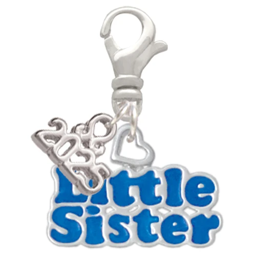 Royal Blue ''Little Sister'' with Heart - Silver Plated Clip on Charm with Mini Year 2025: Year to Remember Jewelry Gift - Celebrations