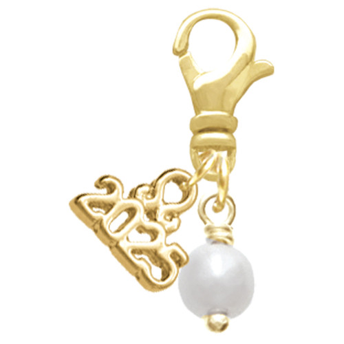 Gold-tone 6mm Glass Imitation Pearl Bead Drop - Gold-tone Plated Clip on Charm with Mini Year 2025: Year to Remember Jewelry Gift - Celebrations
