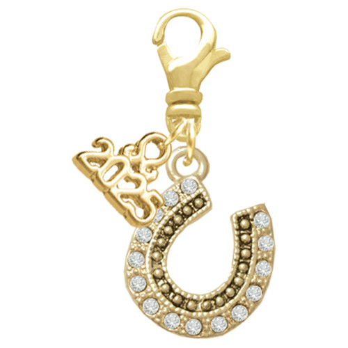 Beaded Clear Gold-tone Crystal Horseshoe with Good Luck - Gold-tone Plated Clip on Charm with Mini Year 2025: Year to Remember Jewelry Gift - Celebrations