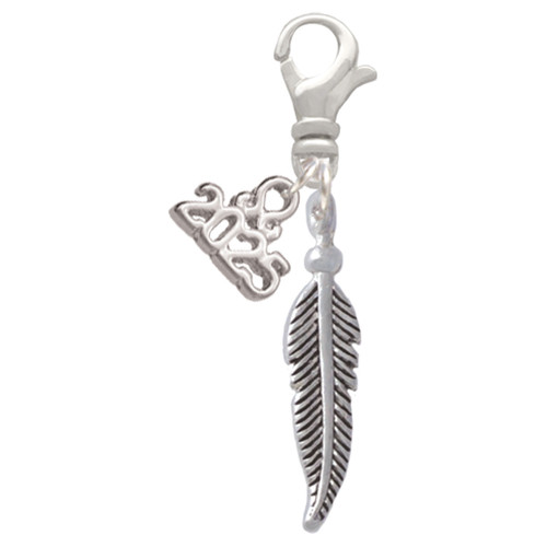 Silver Plated 3-D Feather - Silver Plated Clip on Charm with Mini Year 2025: Year to Remember Jewelry Gift - Celebrations