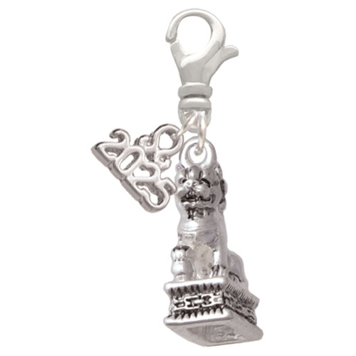 Silver Plated Fu Dog - Silver Plated Clip on Charm with Mini Year 2025: Year to Remember Jewelry Gift - Celebrations