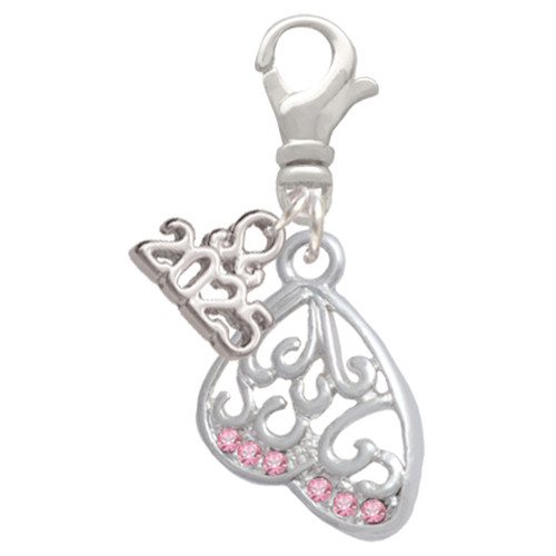 Silver Plated Open Pink Crystal Butterfly Wing - Silver Plated Clip on Charm with Mini Year 2025: Year to Remember Jewelry Gift - Celebrations