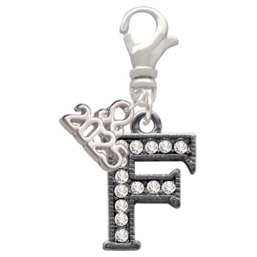Black Nickeltone Crystal Initial - F - Beaded Border - Silver Plated Clip on Charm with Mini Year 2025: Year to Remember Jewelry Gift - Celebrations