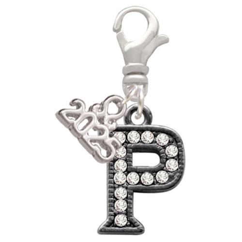 Black Nickeltone Crystal Initial - P - Beaded Border - Silver Plated Clip on Charm with Mini Year 2025: Year to Remember Jewelry Gift - Celebrations