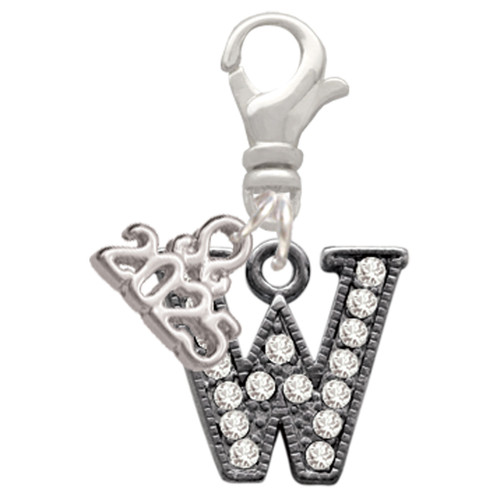 Black Nickeltone Crystal Initial - W - Beaded Border - Silver Plated Clip on Charm with Mini Year 2025: Year to Remember Jewelry Gift - Celebrations