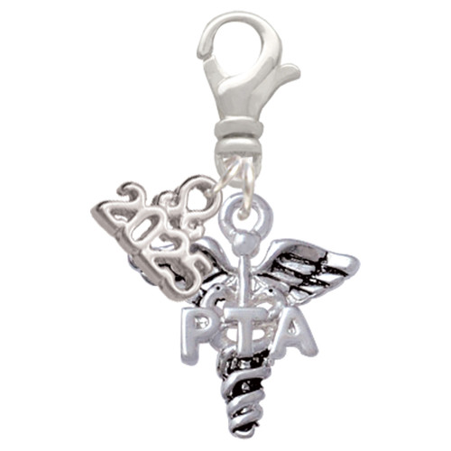 Silver Plated Therapist Caduceus - PTA - Silver Plated Clip on Charm with Mini Year 2025: Year to Remember Jewelry Gift - Celebrations