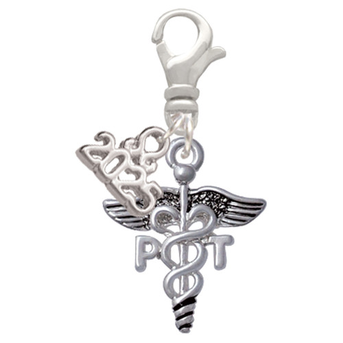 Silver Plated Therapist Caduceus - PT - Silver Plated Clip on Charm with Mini Year 2025: Year to Remember Jewelry Gift - Celebrations