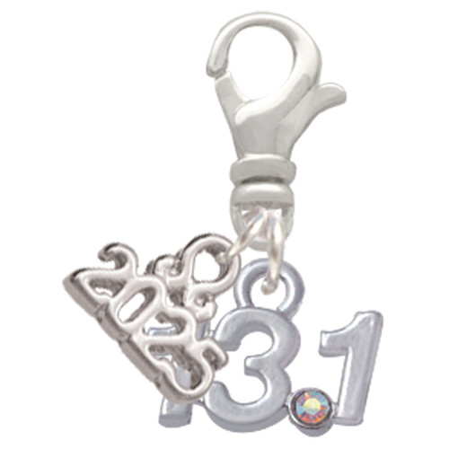 Silver Plated Half Marathon - 13.1 with Clear AB Crystal - Silver Plated Clip on Charm with Mini Year 2025: Year to Remember Jewelry Gift - Celebrations