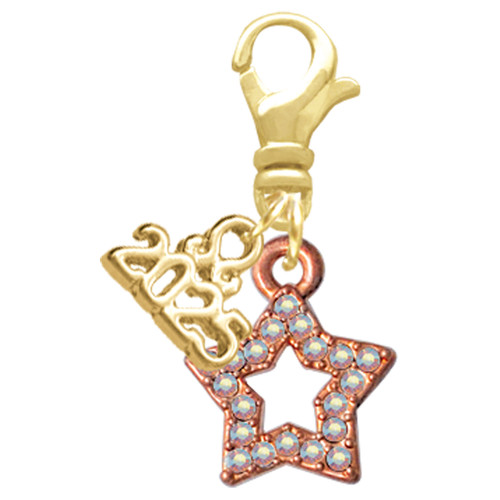 Rose Gold-tone AB Crystal Lucky Star - Gold-tone Plated Clip on Charm with Mini Year 2025: Year to Remember Jewelry Gift - Celebrations