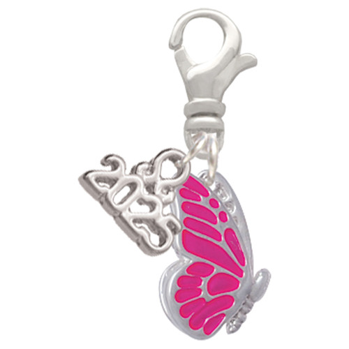Silver Plated Translucent Hot Pink Flying Butterfly - Silver Plated Clip on Charm with Mini Year 2025: Year to Remember Jewelry Gift - Celebrations