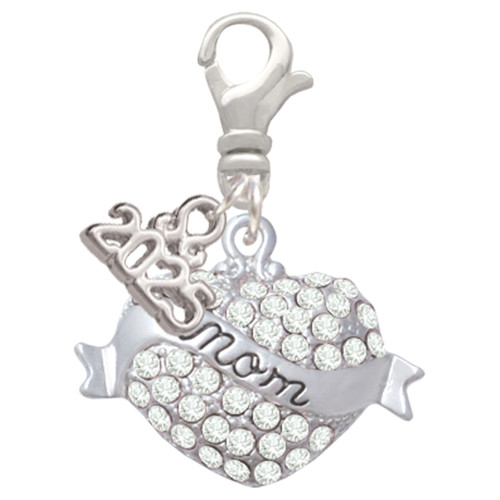 Silver Plated Mom Banner on Clear Crystal Heart - Silver Plated Clip on Charm with Mini Year 2025: Year to Remember Jewelry Gift - Celebrations