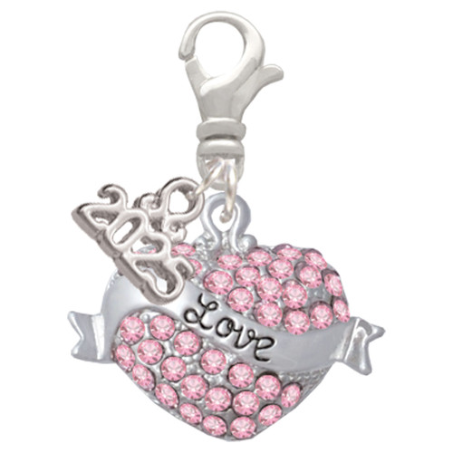 Silver Plated Love Banner on Pink Crystal Heart - Silver Plated Clip on Charm with Mini Year 2025: Year to Remember Jewelry Gift - Celebrations