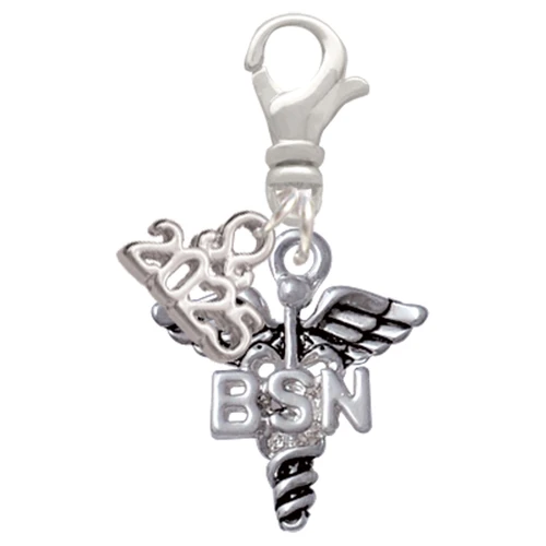 Silver Plated Nurse Caduceus - BSN - Silver Plated Clip on Charm with Mini Year 2025: Year to Remember Jewelry Gift - Celebrations