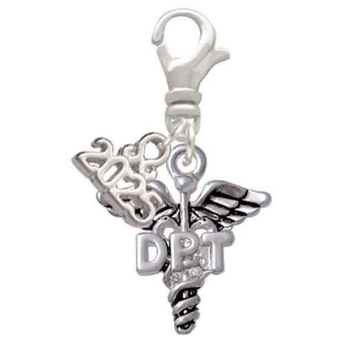 Silver Plated Therapist Caduceus - DPT - Silver Plated Clip on Charm with Mini Year 2025: Year to Remember Jewelry Gift - Celebrations