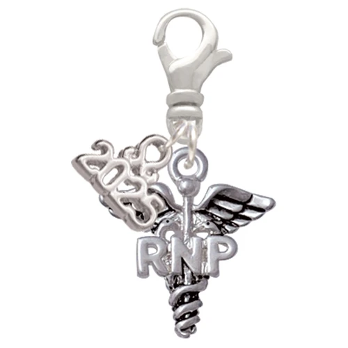 Silver Plated Nurse Caduceus - RNP - Silver Plated Clip on Charm with Mini Year 2025: Year to Remember Jewelry Gift - Celebrations