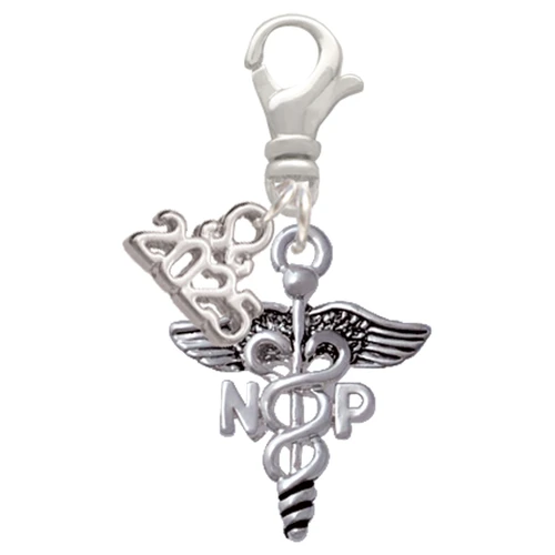 Silver Plated Nurse Caduceus - NP - Silver Plated Clip on Charm with Mini Year 2025: Year to Remember Jewelry Gift - Celebrations
