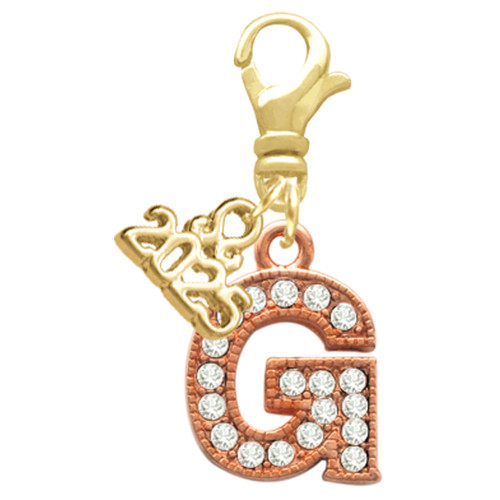 Rose Gold-tone Crystal Initial - G - Gold-tone Plated Clip on Charm with Mini Year 2025: Year to Remember Jewelry Gift - Celebrations