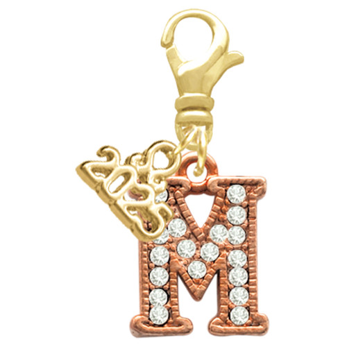 Rose Gold-tone Crystal Initial - M - Gold-tone Plated Clip on Charm with Mini Year 2025: Year to Remember Jewelry Gift - Celebrations