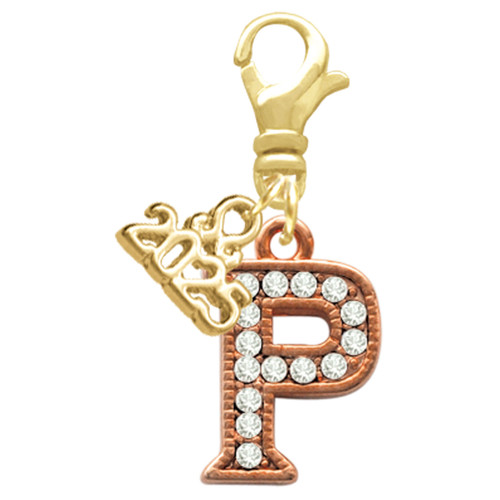 Rose Gold-tone Crystal Initial - P - Gold-tone Plated Clip on Charm with Mini Year 2025: Year to Remember Jewelry Gift - Celebrations