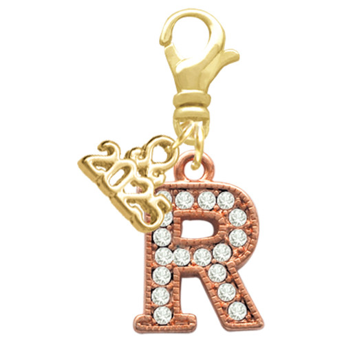 Rose Gold-tone Crystal Initial - R - Gold-tone Plated Clip on Charm with Mini Year 2025: Year to Remember Jewelry Gift - Celebrations