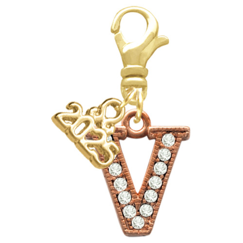 Rose Gold-tone Crystal Initial - V - Gold-tone Plated Clip on Charm with Mini Year 2025: Year to Remember Jewelry Gift - Celebrations