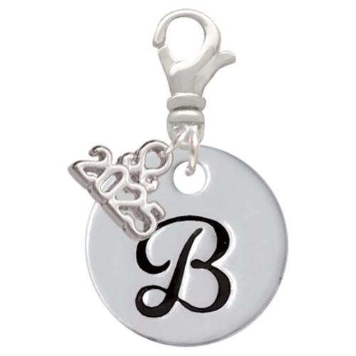 Silver Plated Large Script Letter Disc - B - Silver Plated Clip on Charm with Mini Year 2025: Year to Remember Jewelry Gift - Celebrations
