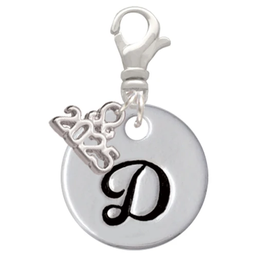 Silver Plated Large Script Letter Disc - D - Silver Plated Clip on Charm with Mini Year 2025: Year to Remember Jewelry Gift - Celebrations