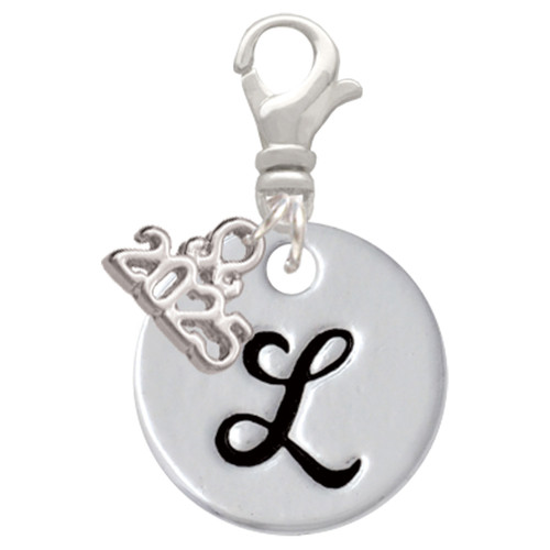 Silver Plated Large Script Letter Disc - L - Silver Plated Clip on Charm with Mini Year 2025: Year to Remember Jewelry Gift - Celebrations