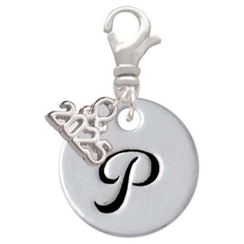 Silver Plated Large Script Letter Disc - P - Silver Plated Clip on Charm with Mini Year 2025: Year to Remember Jewelry Gift - Celebrations